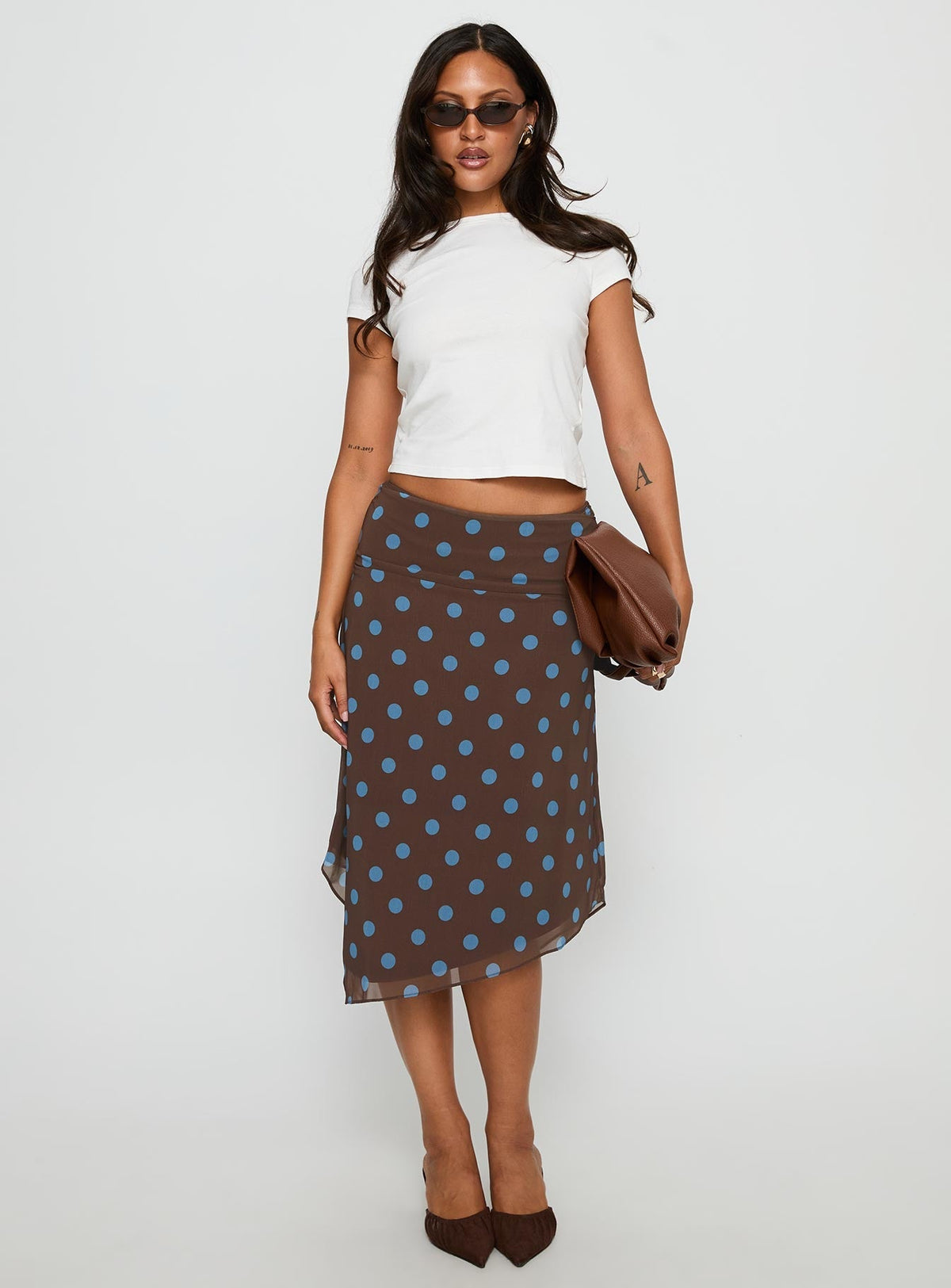 Daphene Asymmetrical Midi Skirt Brown / Blue Polka Dot