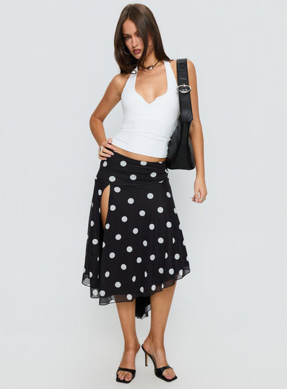 Dulciana High Split Asymmetrical Midi Skirt Black / Polka Dot