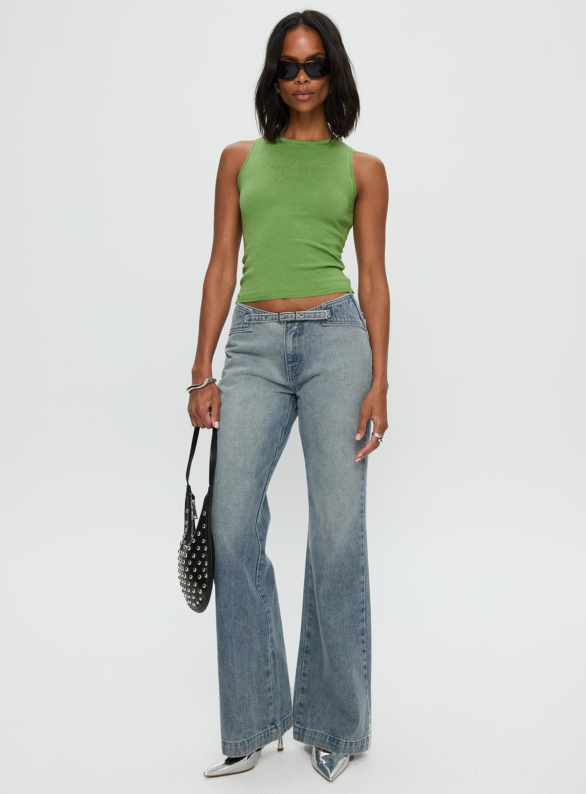 Slow Ride Mid Rise Bootleg Belted Jeans Light Blue