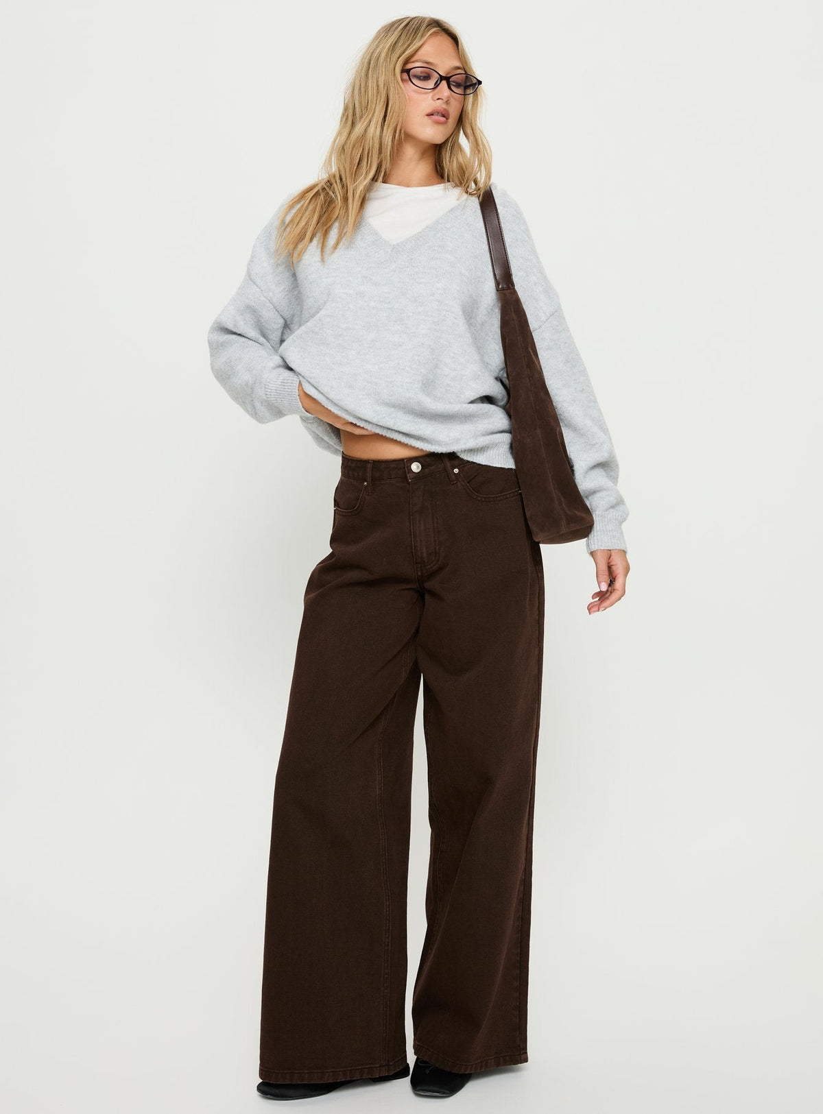 Stay The Night V Neck Knit Sweater Grey Marle