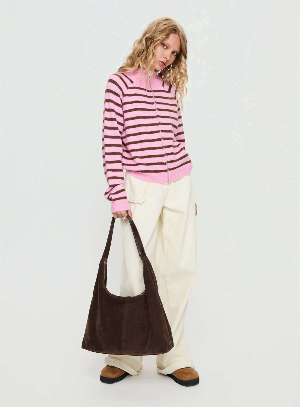 Kaylei Zip Through Cardigan Pink Stripe