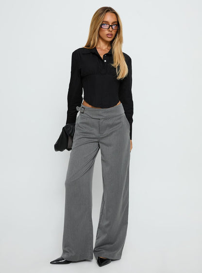 Jinny Relaxed Buckle Tailored Pants Grey Pinstripe
