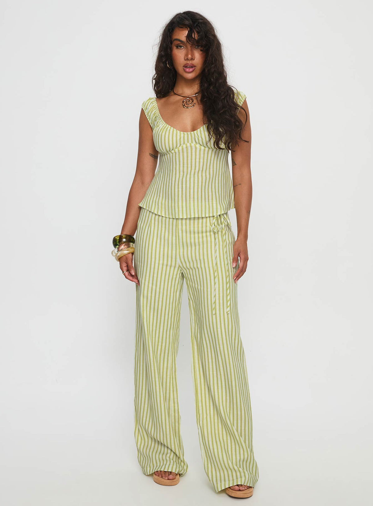 With Pleasure Tie Side Pant Green / Blue Stripe
