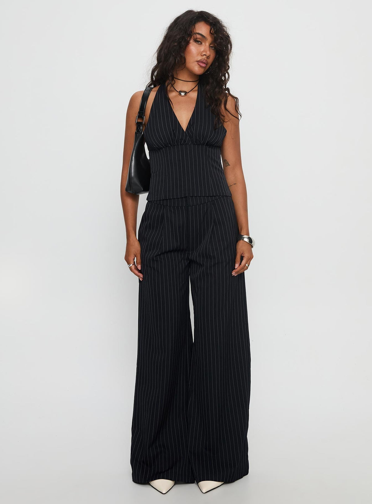 All She Wrote Halter Tailored Set Navy Stripe