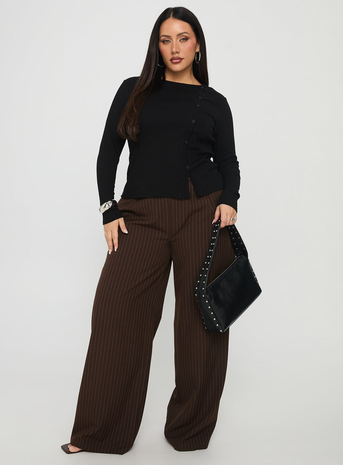 Khane Low Rise Wide Leg Pant Brown Pinstripe Curve