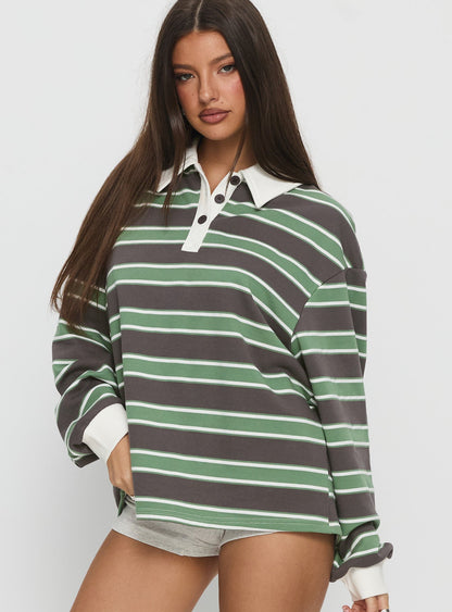 Tycen Polo Rugby Jumper Green / Grey Stripe