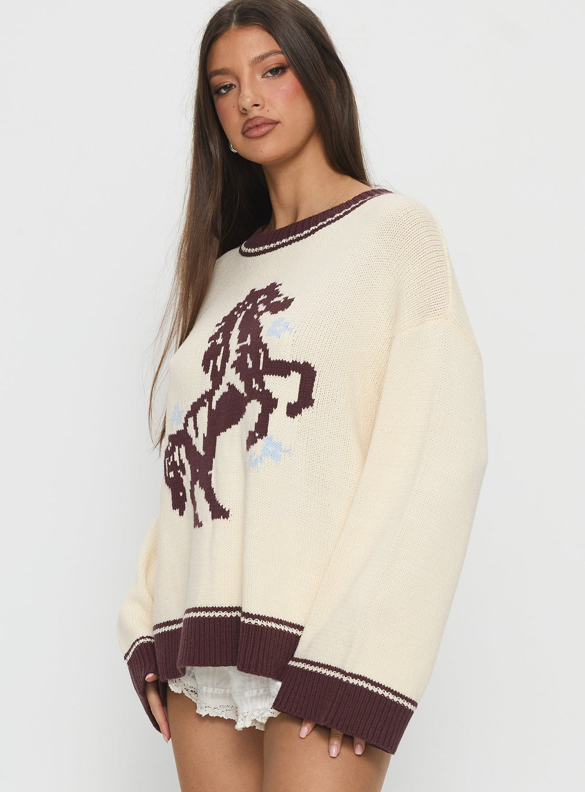 Rhianonn Horse Graphic Knit Sweater Cream / Brown