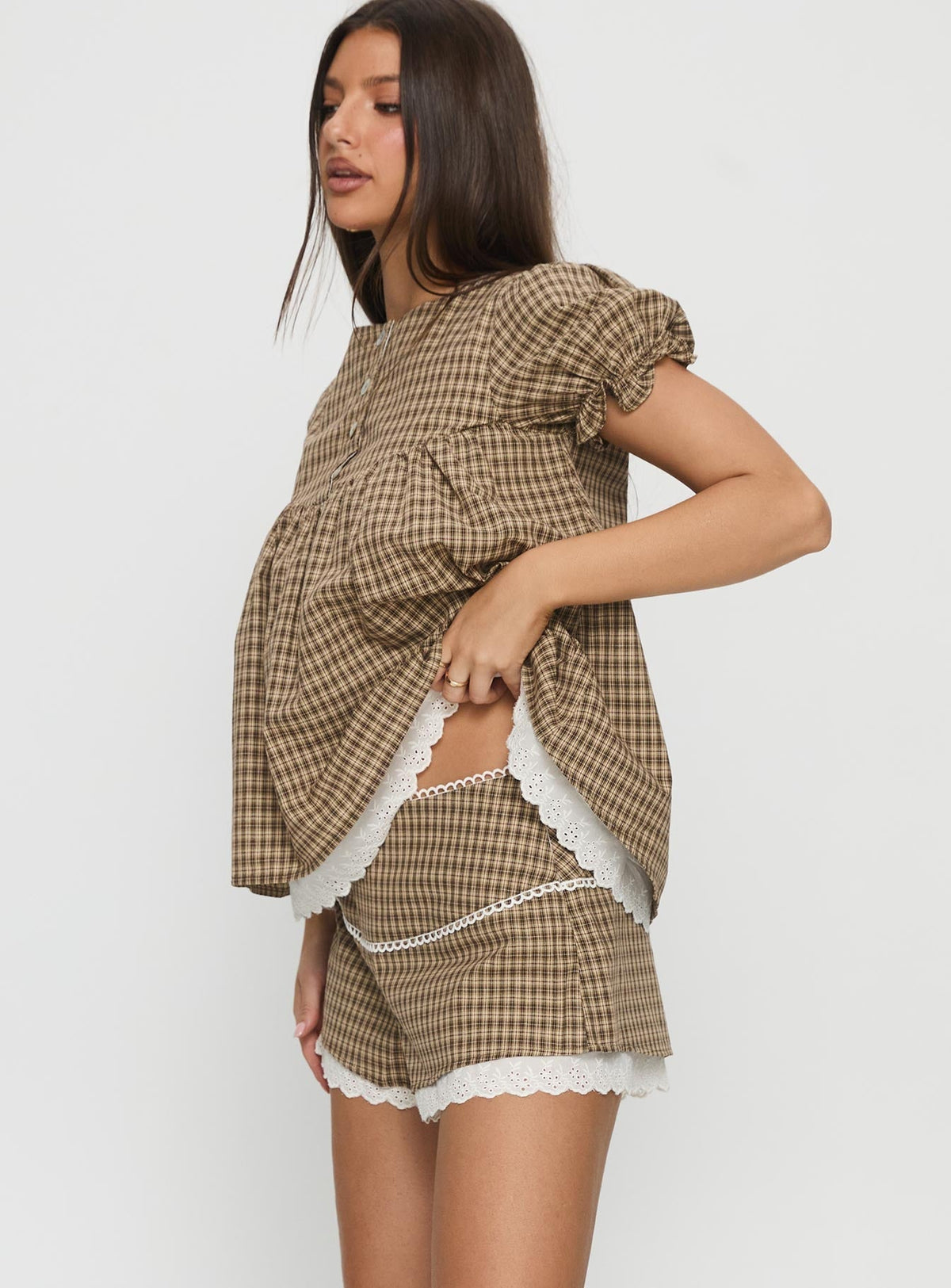 Chandelier Mini Lace Trim Shorts Brown Check
