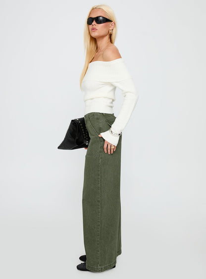 Melikah Mid Rise Baggy Cargo Jeans Green Wash