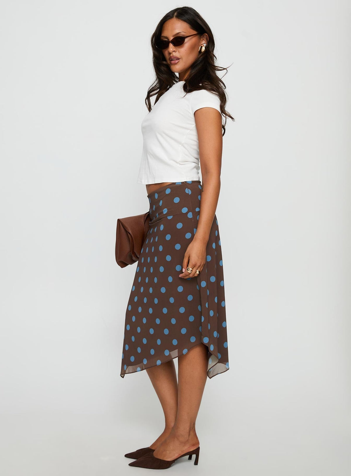 Daphene Asymmetrical Midi Skirt Brown / Blue Polka Dot