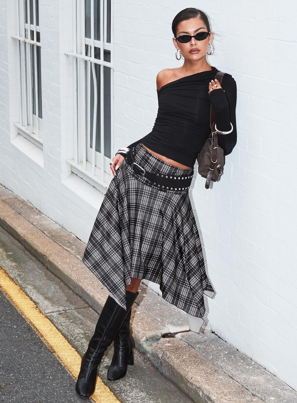 Scholar Asymmetrical Midi Skirt Grey Check