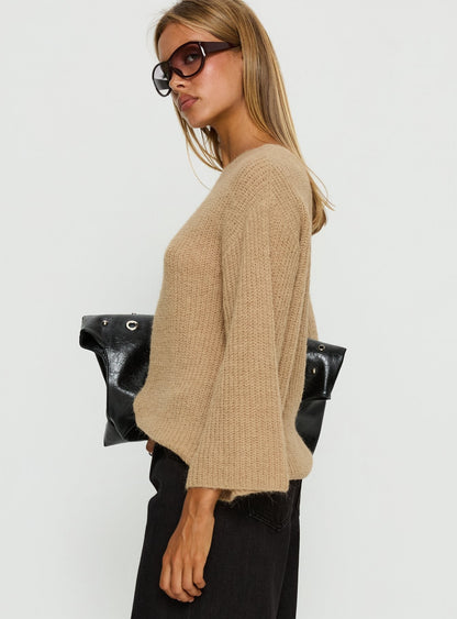 Delyn Off Shoulder Slouchy Knit Sweater Camel