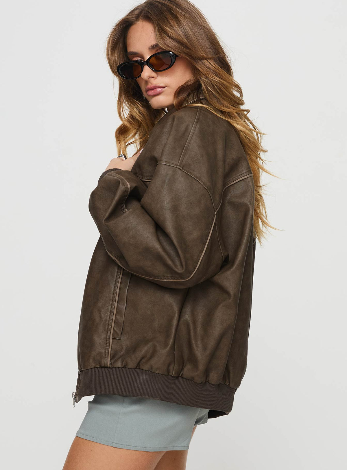 Goldsmith Faux Leather Bomber Jacket Washed Brown Petite