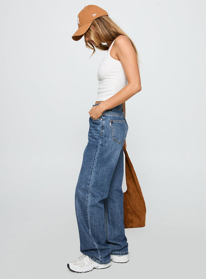 Laid Back Low Rise Straight Leg Jeans Dark Blue Wash