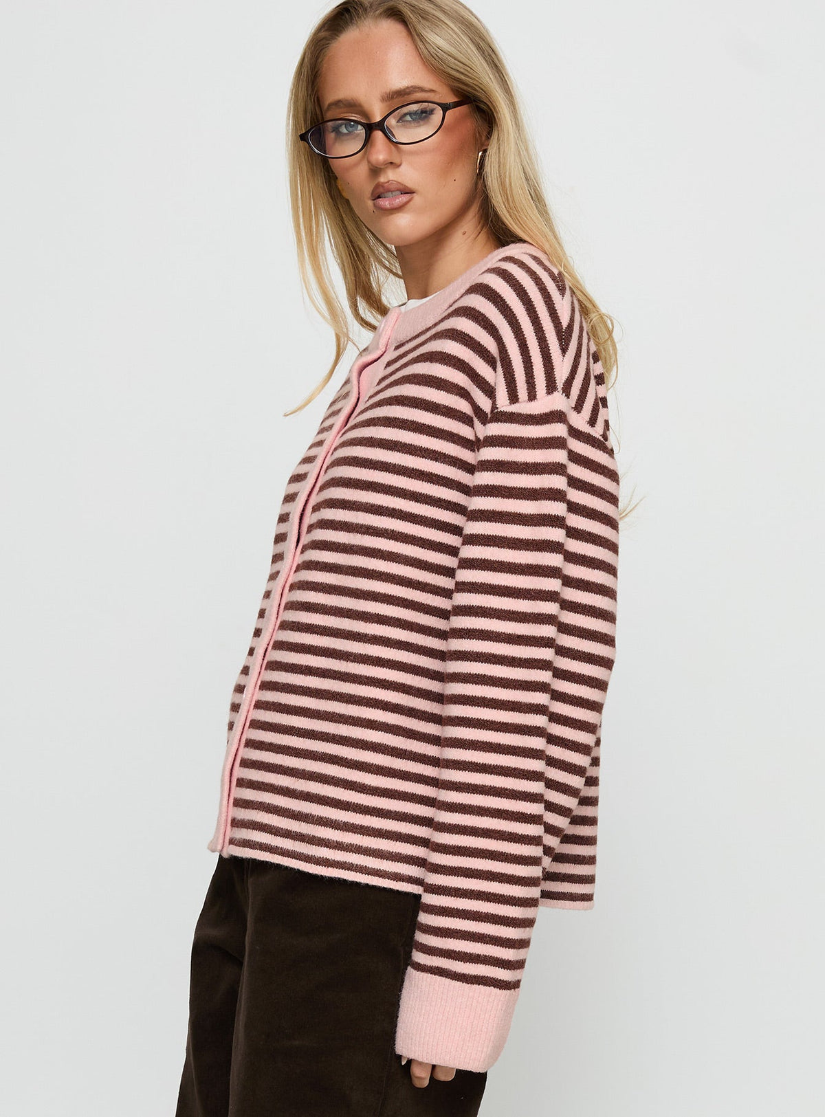 Darnelle Button Up Knit Cardigan Pink Stripe