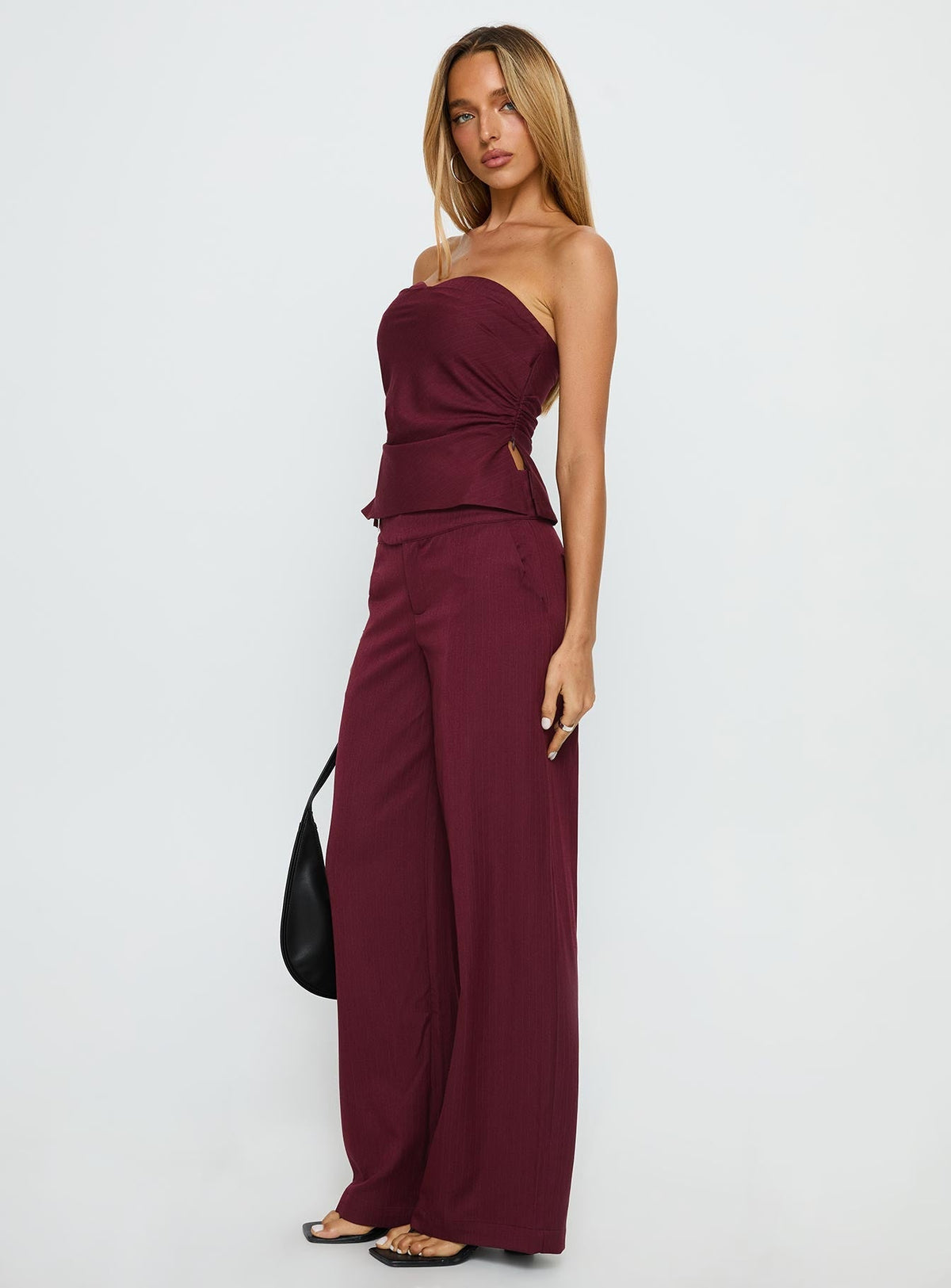 Jinny Relaxed Buckle Tailored Pants Berry Pinstripe