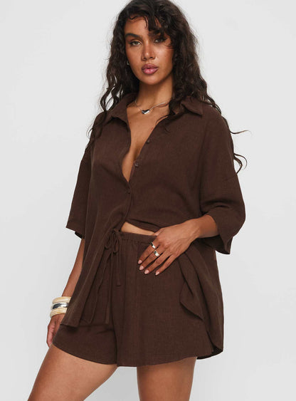 Peni Drawstring Linen Shorts Chocolate