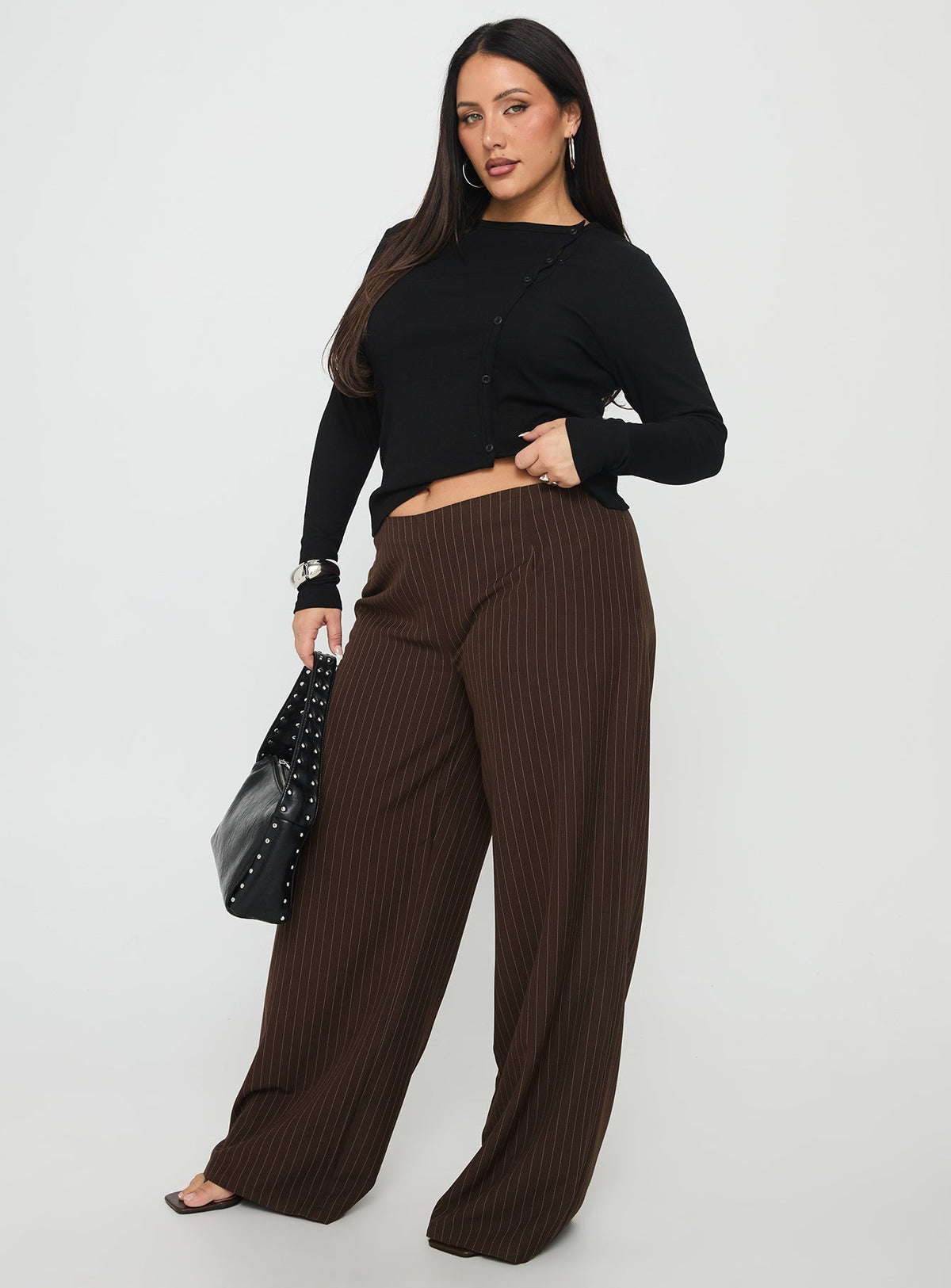 Khane Low Rise Wide Leg Pant Brown Pinstripe Curve