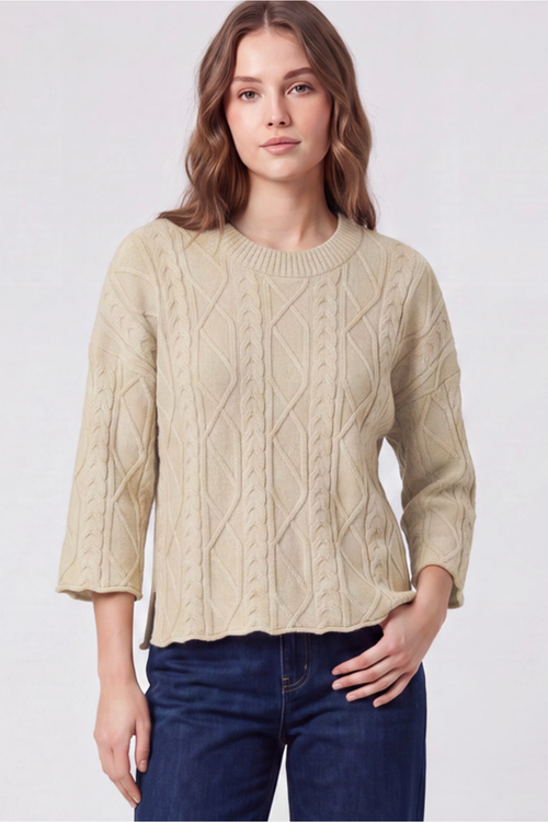 3/4 Sleeve Cable Sweater, Taupe