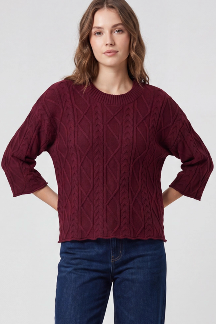 3/4 Sleeve Cable Sweater, Wine