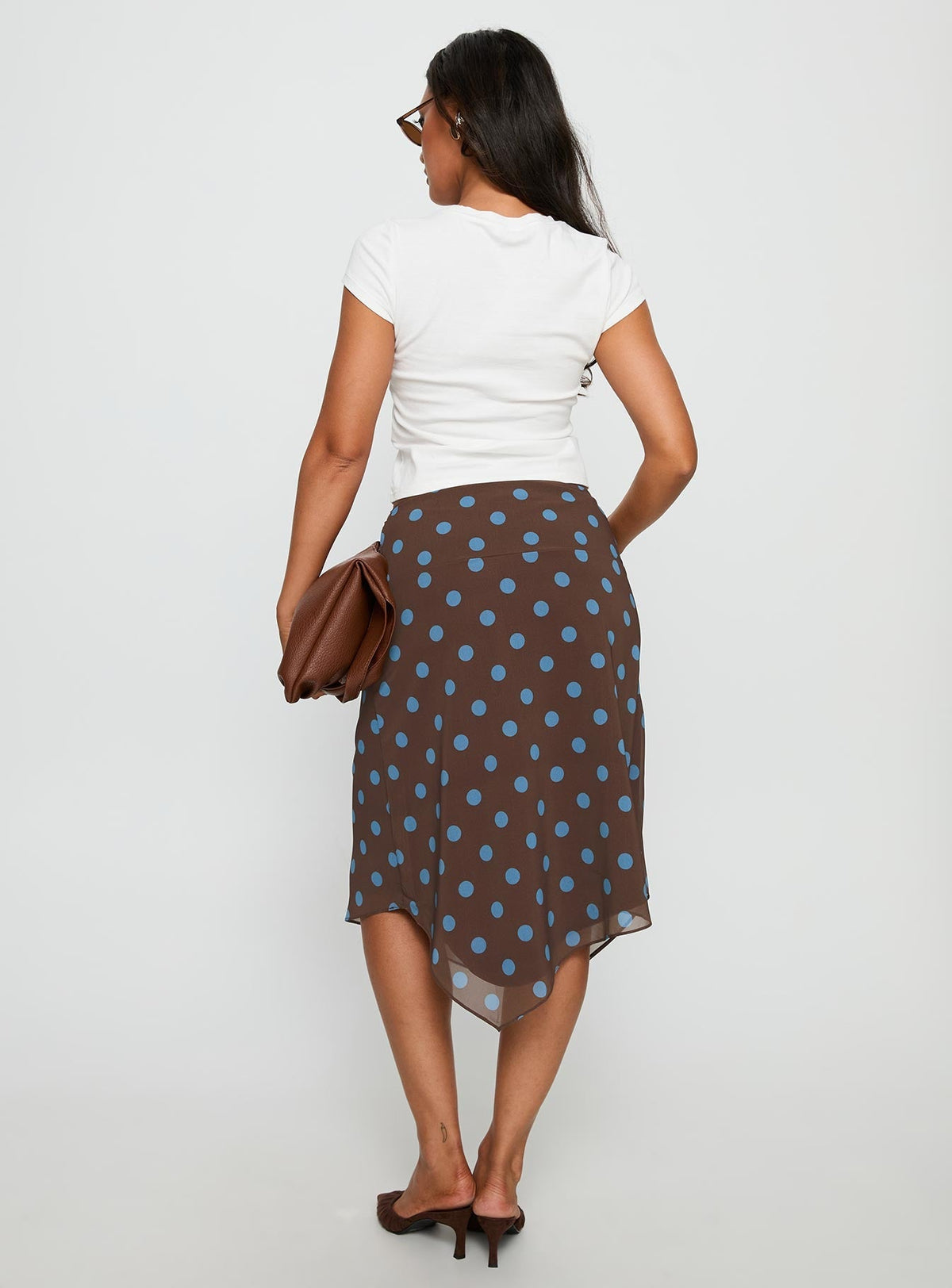 Daphene Asymmetrical Midi Skirt Brown / Blue Polka Dot