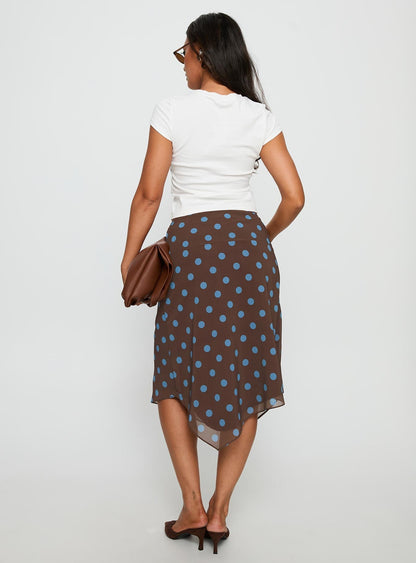 Daphene Asymmetrical Midi Skirt Brown / Blue Polka Dot
