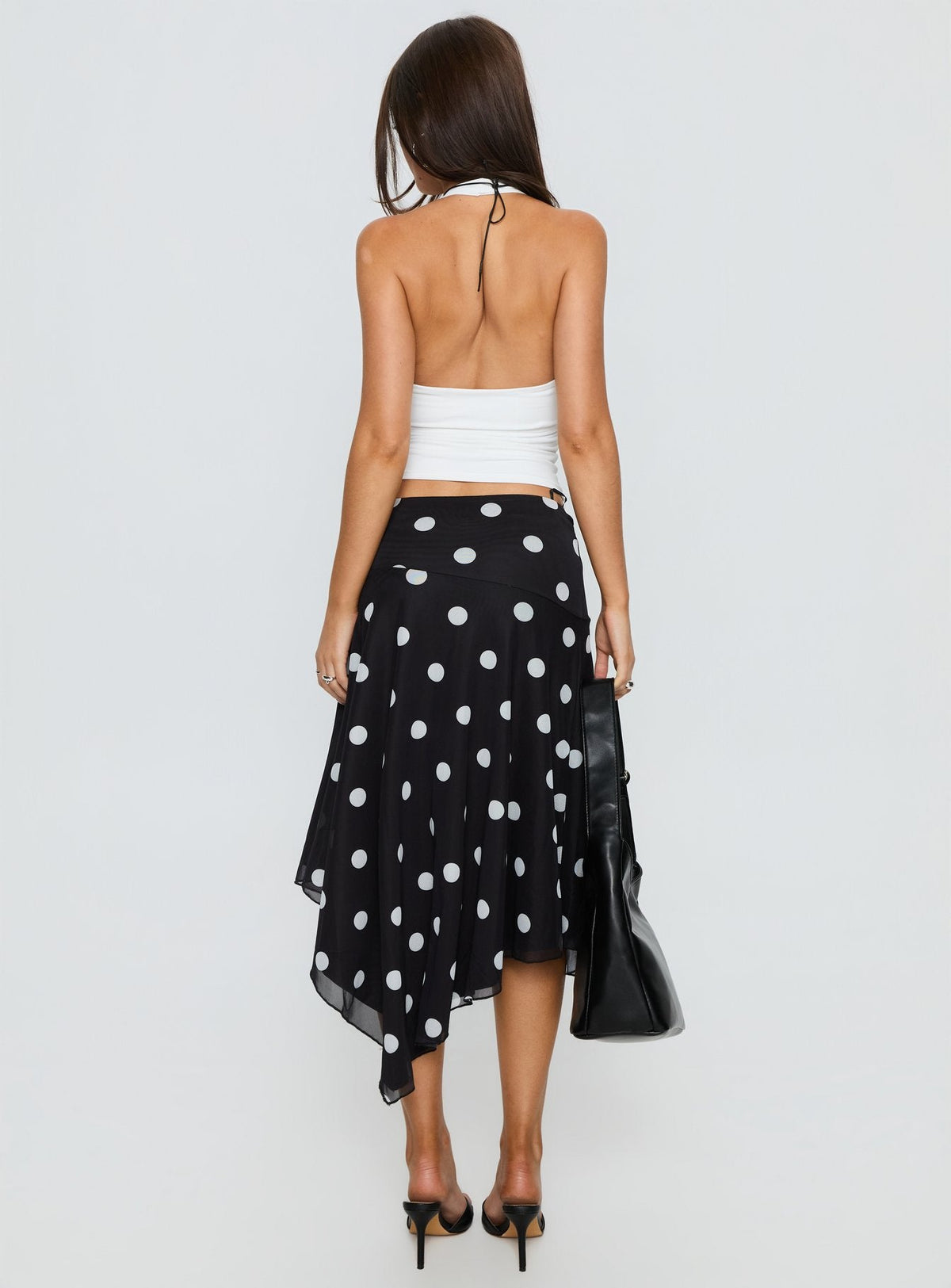 Dulciana High Split Asymmetrical Midi Skirt Black / Polka Dot