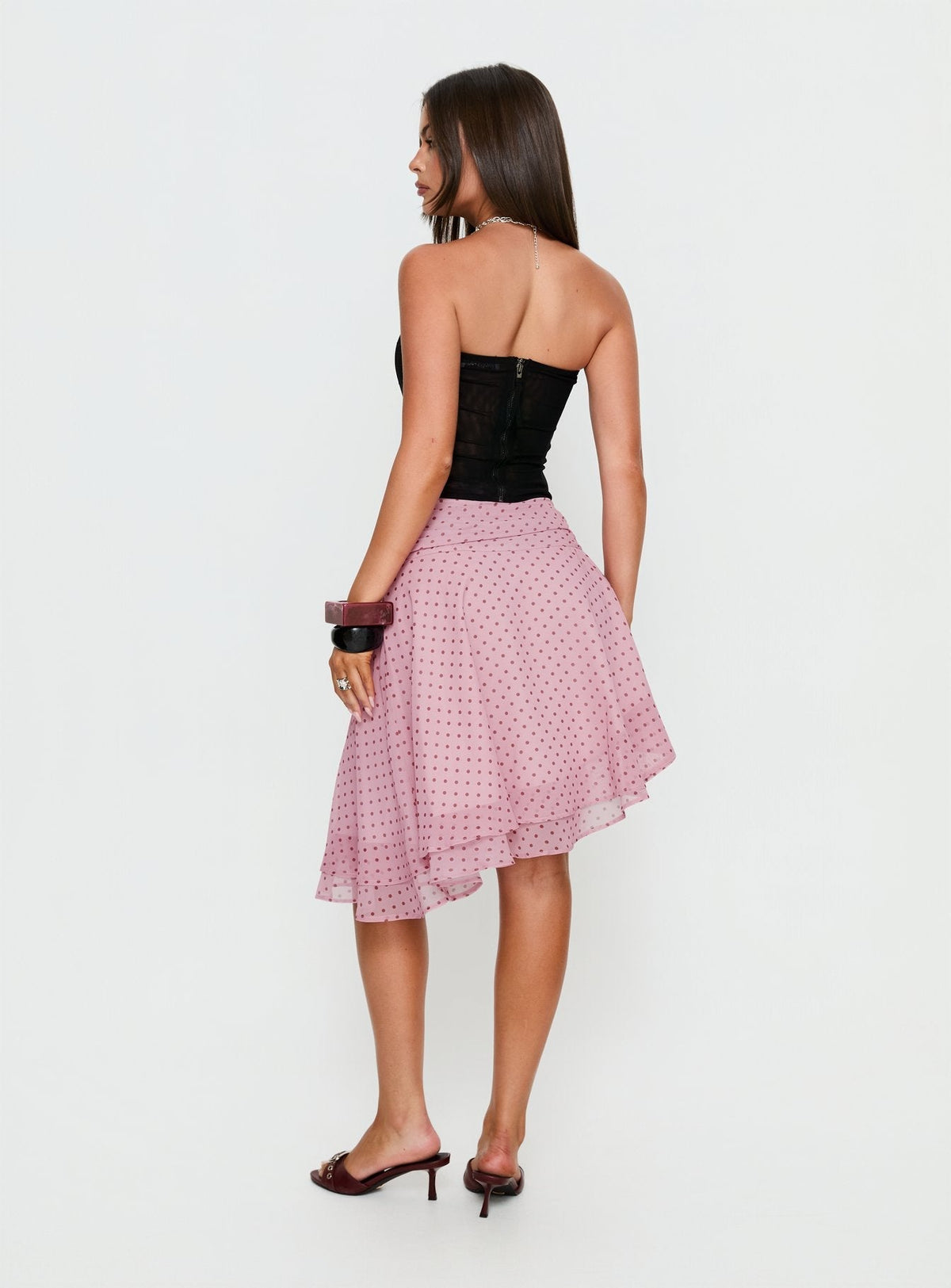 Evanescence Asymmetrical Midi Skirt Pink Polka Dot