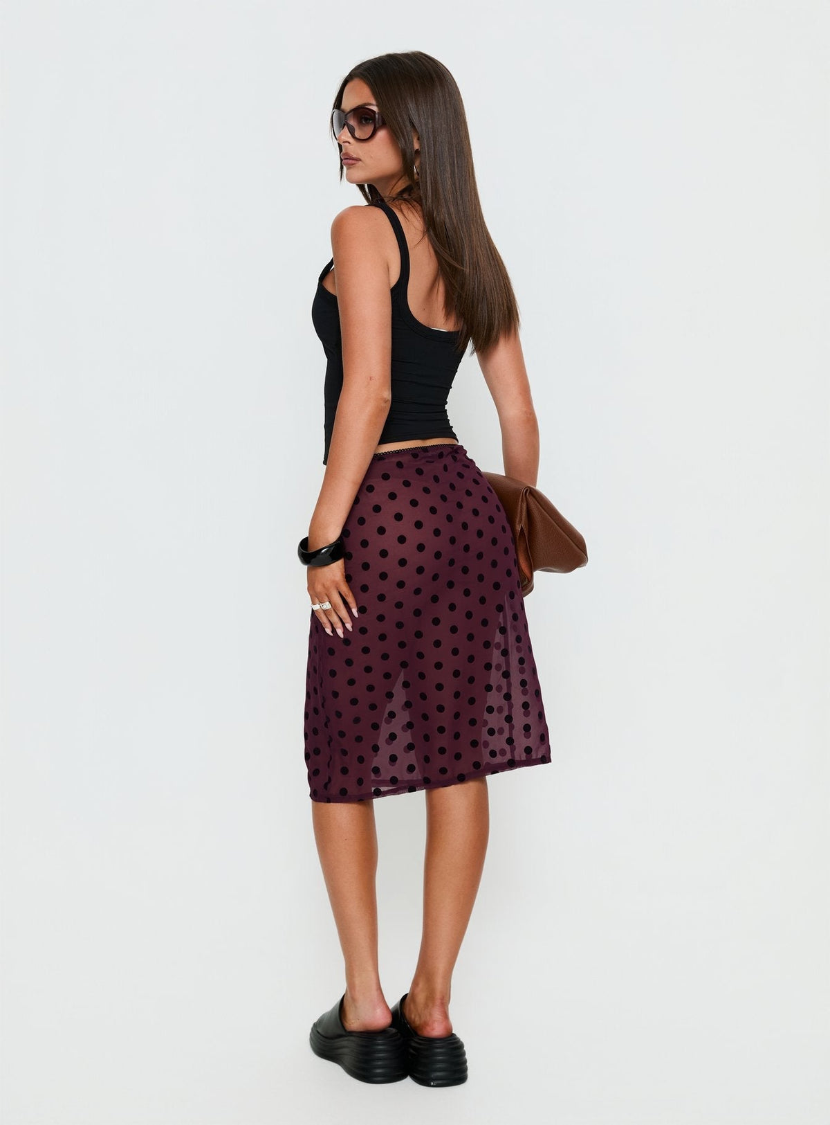 Evani Sheer Chiffon Midi Skirt Polka Maroon
