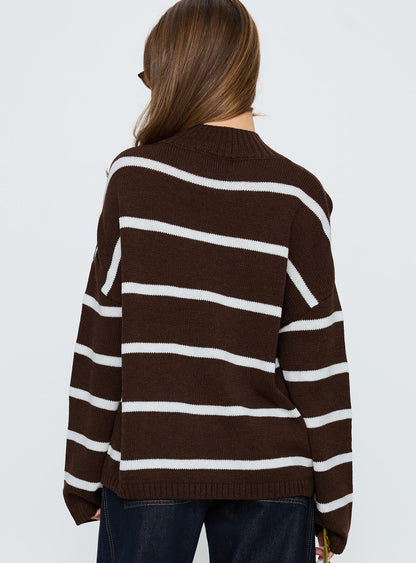 Alara Mock Neck Knit Sweater Brown Stripe