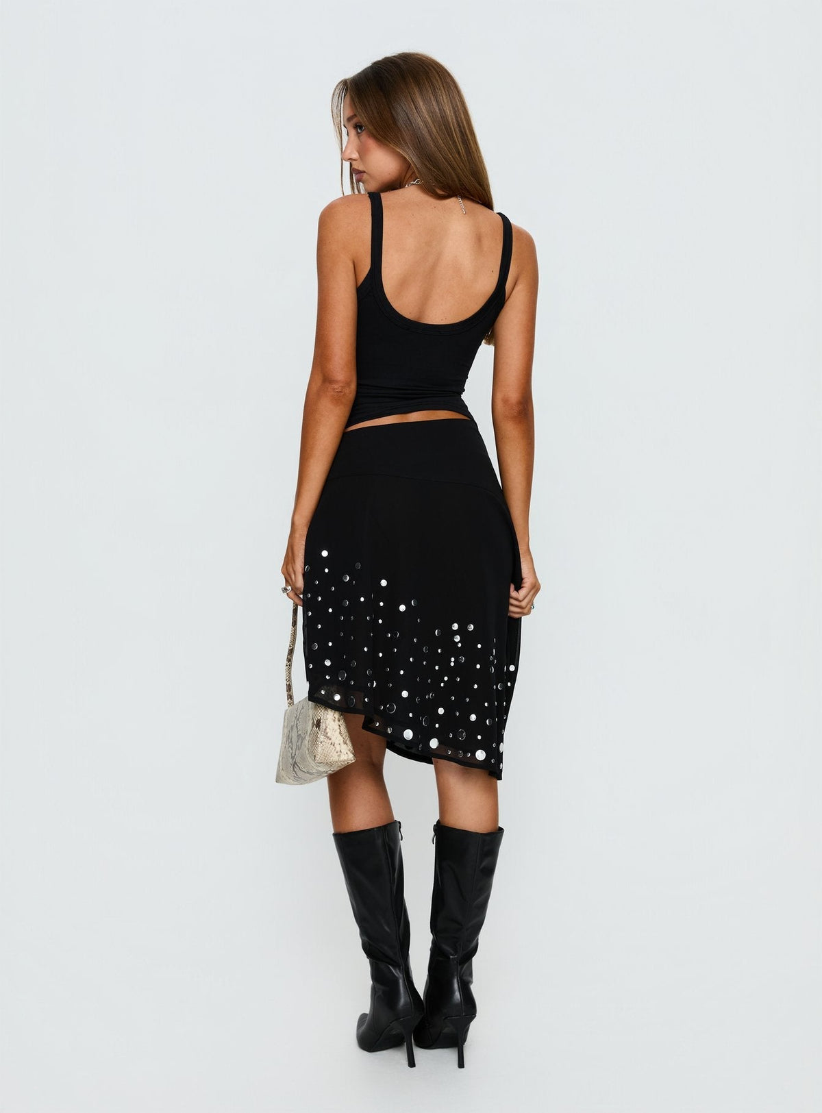 Jezabela Asymmetrical Stud Midi Skirt Black