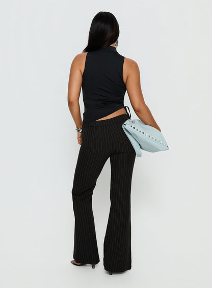 Louder Please Tie Side Straight Leg Pants Black Pinstripe