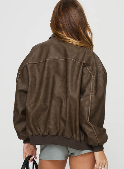 Goldsmith Faux Leather Bomber Jacket Washed Brown Petite