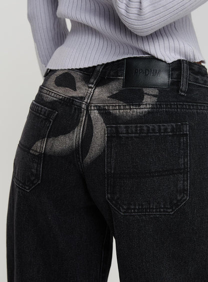 Ribbon Stamp Low Rise Wide Leg Jeans Washed Black