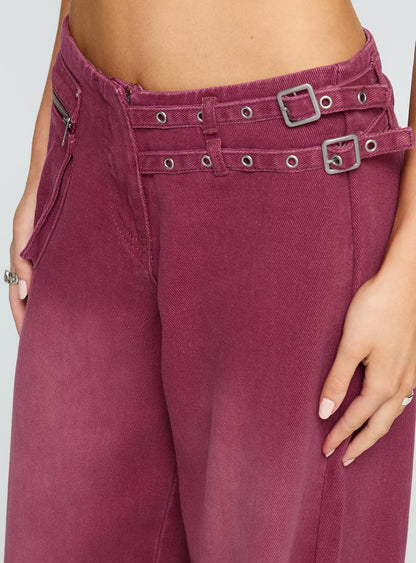 Paltrow Mid Rise Wide Leg Cargo Jeans Washed Burgundy