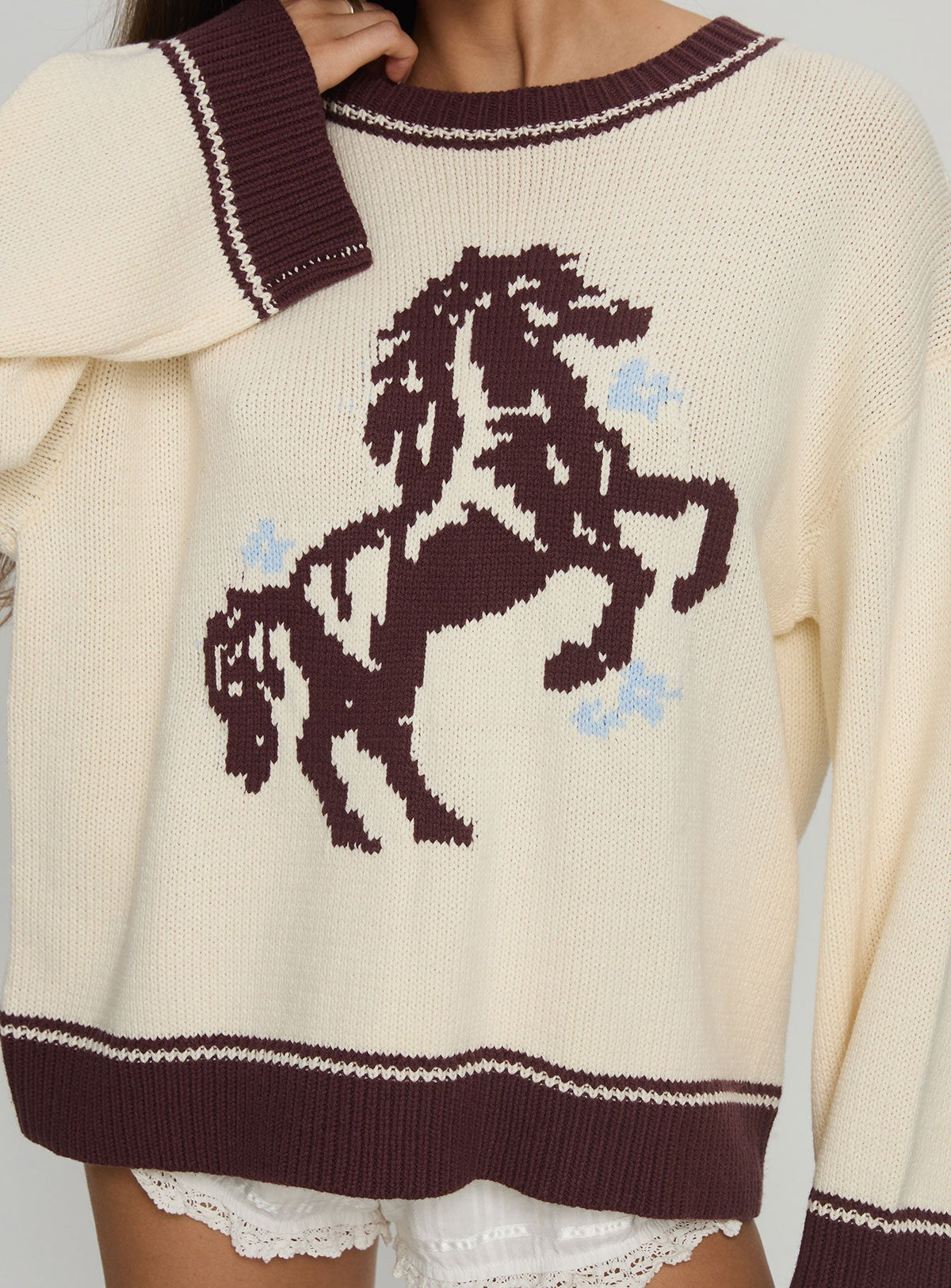 Rhianonn Horse Graphic Knit Sweater Cream / Brown