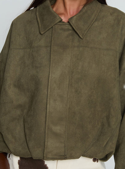 Enlightened Faux Suede Bomber Jacket Khaki