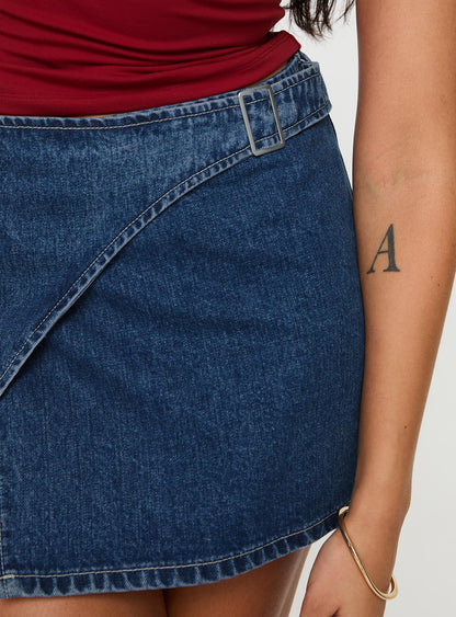 Wait Up Denim Wrap Mini Skirt Mid Wash Tall