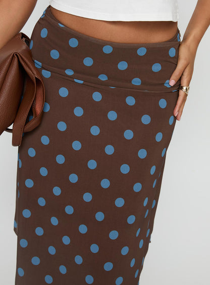 Daphene Asymmetrical Midi Skirt Brown / Blue Polka Dot