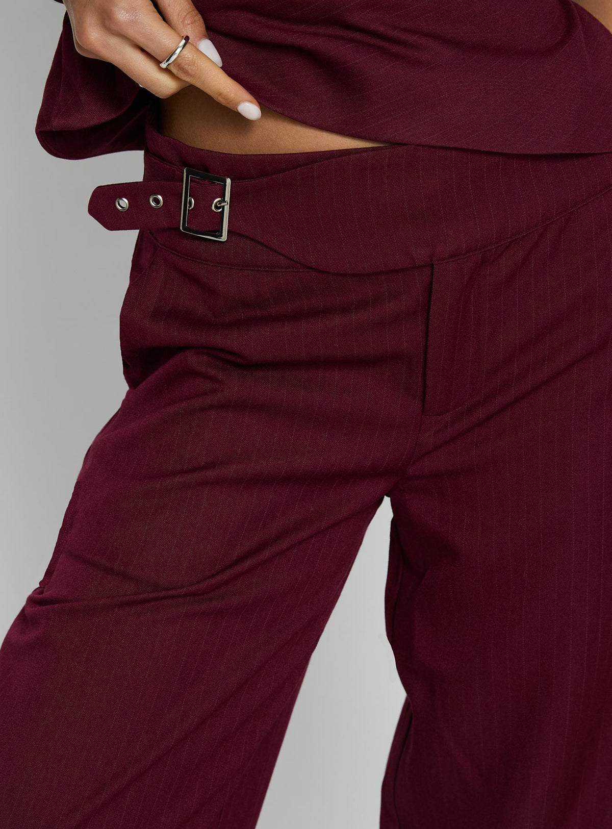 Jinny Relaxed Buckle Tailored Pants Berry Pinstripe