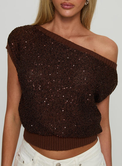Marysa Sequin Knit Blouson Top Brown