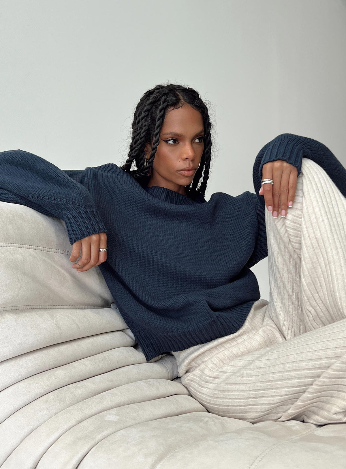 Harmony Balloon Sleeve Knit Sweater Navy