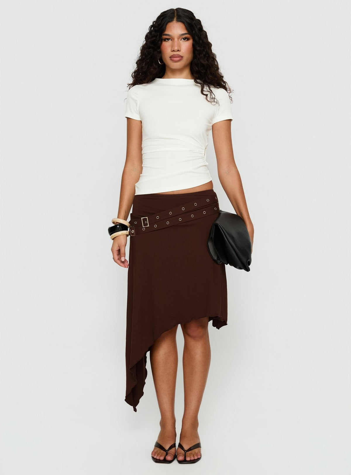 Lorensa Double Buckle Asymmetrical Midi Skirt Brown
