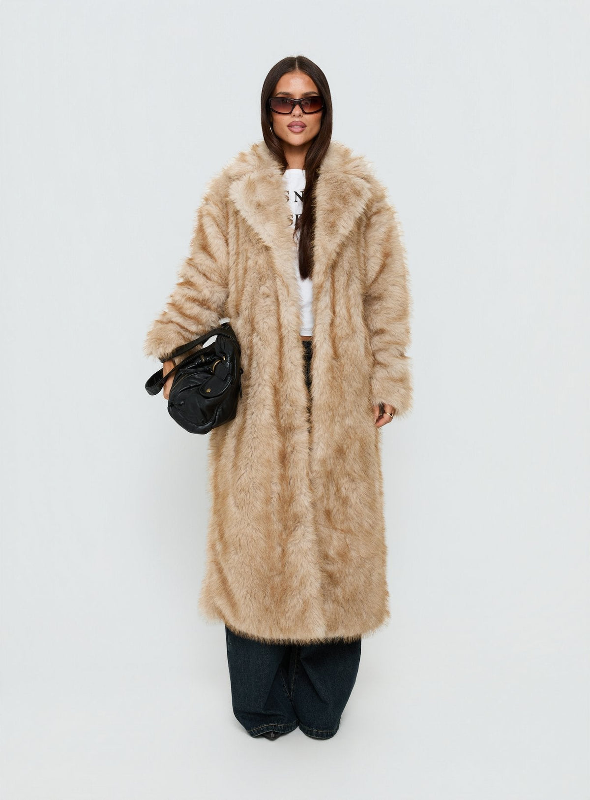 End Of Beginning Faux Fur Longline Jacket Beige