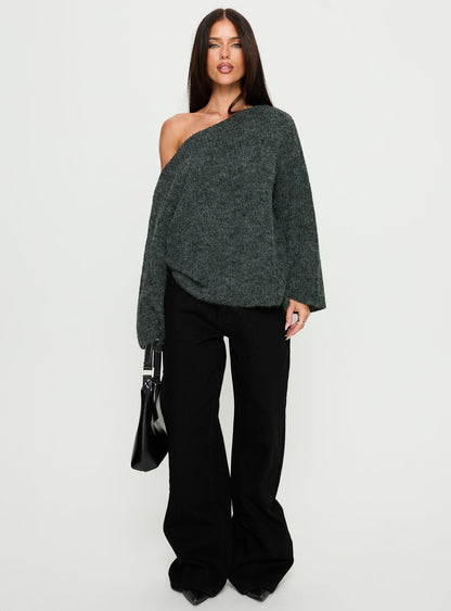 Delyn Off Shoulder Slouchy Knit Sweater Black Marle