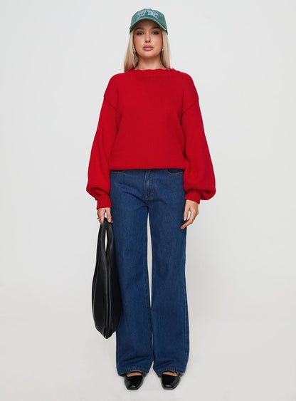 Harmony Balloon Sleeve Knit Sweater Red