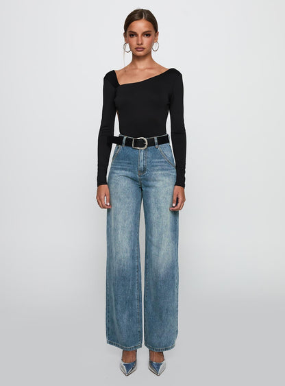 Sacramento High Rise Straight Leg Jeans Mid Blue Denim