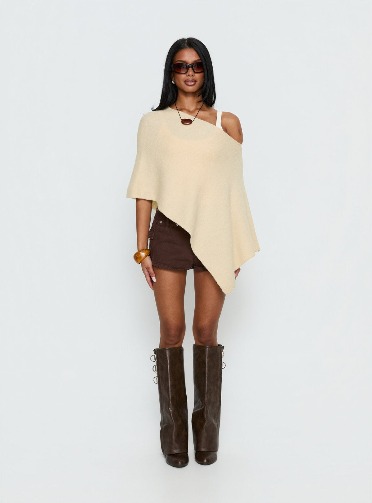 Rouse Off Shoulder Heavy Knit Poncho Cream