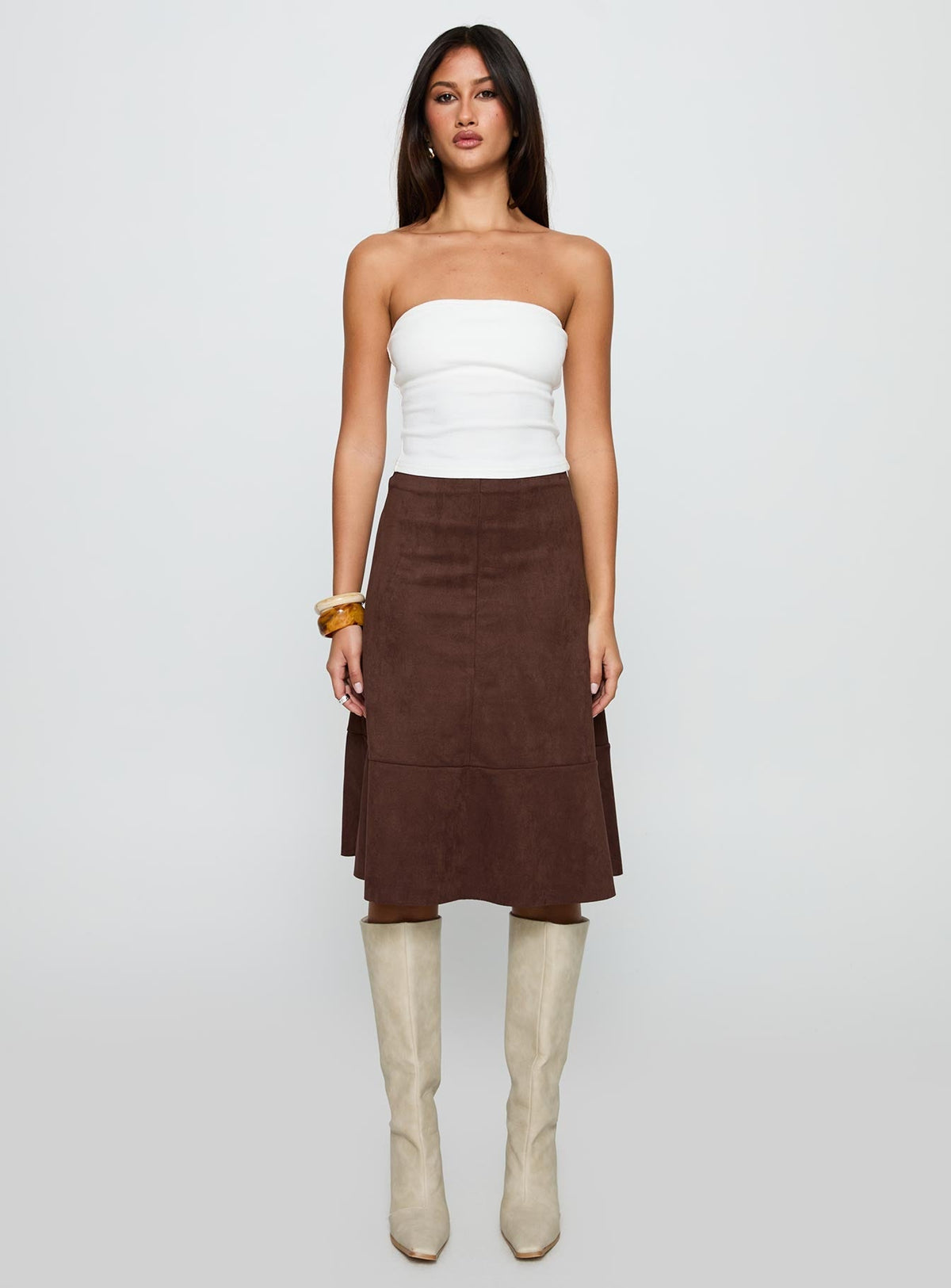Grimaud Faux Suede Midi Skirt Brown