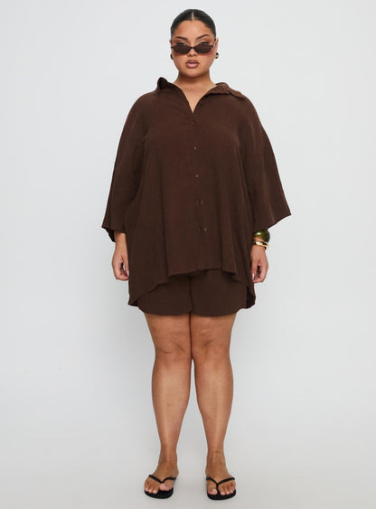 Peni Drawstring Linen Shorts Chocolate Curve